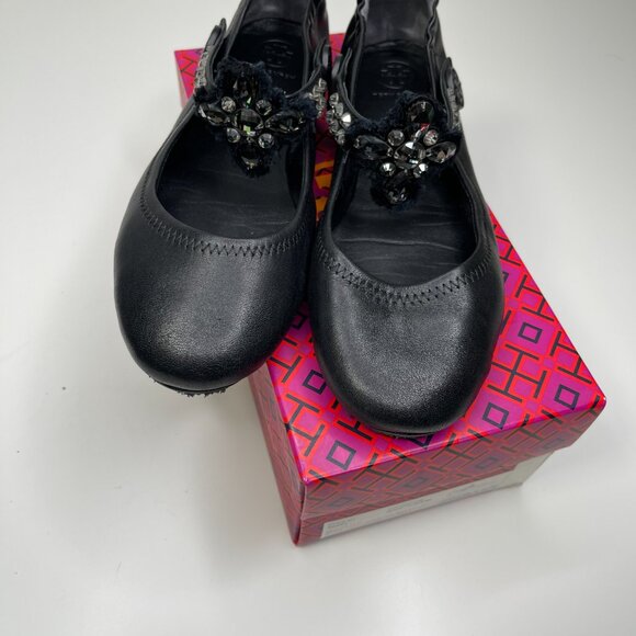 Tory Burch Minnie Embellished Black Nappa Leather Two Way Ballet Flats US Size 8 - Picture 3 of 13